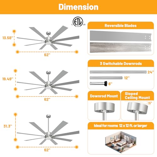 Image of hykolity 62 Inch Modern Flush Mount Large Nickel Ceiling Fan with Light