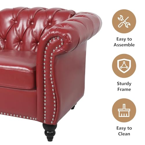 Image of WOODEN WORLD Modern & Classic Leather Sofa Set - Luxurious Comfort, Stylish Design, and Durable Build (Red, 3+2+1 Seater)