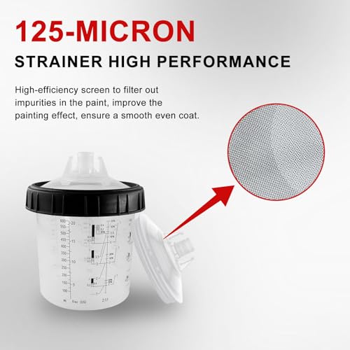 Image of RRJ Disposable Paint Cup Spray Gun Cup, Paint System for LVLP and HVLP Spray Gun Kit 600 ML Mixing Cup with 50 Cups Liners and Lids, 1 Hard Cup with Retainer Ring, 2 Cup Adapter, Stirrer