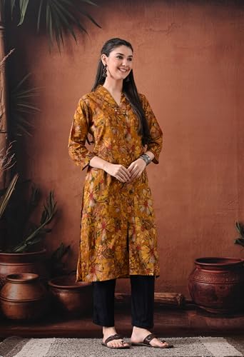 Image of Ichaa Women's Pure Cotton A-Line Ethnic V-Neck Kurta with 3 /4th Sleeve for Daily and Office Wear, in Plus Sizes