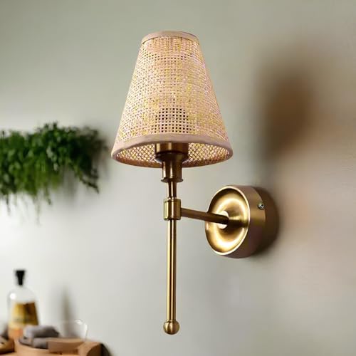 Image of AKWAY Antique Brass Finish Wall Lamps for Living Rooms with Bamboo Shade | Rattan and Cane Wall Light for Bedroom | Wicker Wall scones (Rattan Single Webbing Conical - Alletta)
