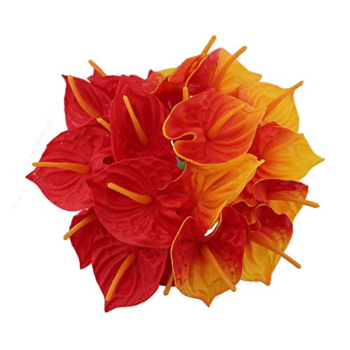 20Pcs Latex Artificial Anthurium Fake Flowers for Home Decoration Wedding Bridal Bouquet Holding Flowers Party Photography DIY Props (Red,Orange)