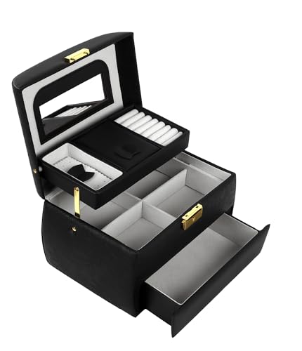 Image of KRISHYAM Luxury Lockable 3 Layer Leather Jewelry Box Organizerwith Mirror, Drawer & Key - Black Faux Leather Travel Case for Women & Girls