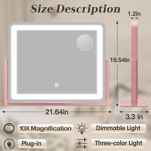 Image of ROLOVE 22x16 Inch Pink Vanity Mirror with Lights,Dimmable LED Lights,3 Color Modes, Smart Touch Control,10X Magnification,Light up Makeup Mirror for Desk, Gift for Teen Girls