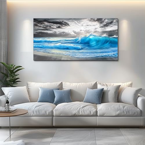 PHAOHUAXM Beach Wall Pictures Canvas Artworks Wall Decor For Living Room Canvas Wall Art For Bedroom Restaurant Office Decorations Blue Sea Wave Ocean Paintings Home Decor Ready To Hang 24x48 In