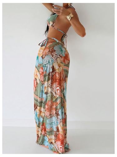 WDIRARA Women's 3 Piece Floral Halter Bikini Set Ring Linked Leopard Print Swimsuit with Coverup Skirt2