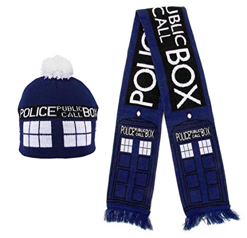 elope BBC Doctor Who Tardis Knit Beanie and Scarf Bundle Blue