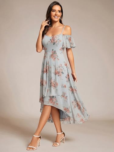 Image of Ever-Pretty Women's Summer Cold Shoulder Hi-Lo Asymmetrical Hem Flowy Chiffon Short Wedding Guest Dress 02103