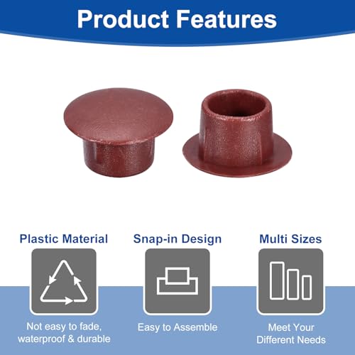 Image of uxcell 150Pcs Screw Hole Plugs, 8mm(5 /16 inch) Dia Plastic Round Button Plugs Snap in Locking Hole Covers Flush Type Caps for Furniture Cabinet, Red Brown