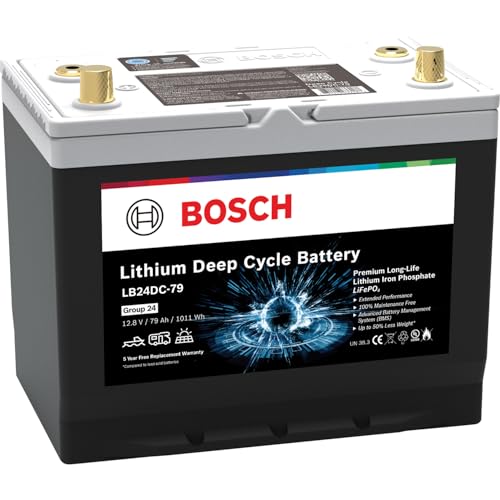 Image of BOSCH LB24DC79 Deep Cycle Battery 79 Ah - 12 V Group 24 - Lithium Battery, LiFePO4 - For Marine Boats, Trolling Motors and RVs - Sleep-wake Function, Charge Indicator, BMS - 10.25″ x 6.8″ x 8.86″