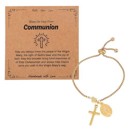 Mikovivi Pulsera Cruz Católica para Mujeres, Tonos Dorados Bautizo Primera Comunión Pulsera con Virgen María y Corazón Dije Confirmación Regalo Religioso de Madrina Cristiano Fe Joya