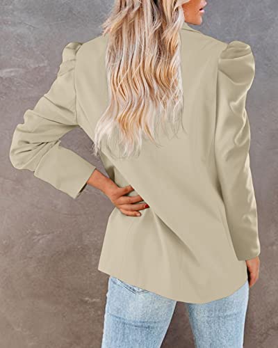 Newffr Women's Blazers Casual Puff Sleeve Lapel Open Front Work Suit Office Blazer Jackets Outwear With Pockets Khaki #TOP2