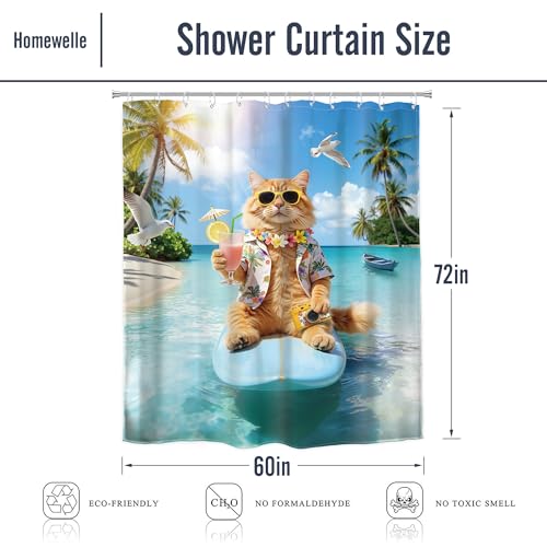 Image of Funny Cat Shower Curtain Cute Kids Surfing 60Wx72H Inch Decor | Hawaii Tropical Summer Surfboard Blue Ocean Sea Seagull Sun Cool Cats Waterproof Polyester Bathroom 12 Hooks