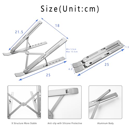 AiTodos® Laptop Ständer, Aluminiumlegierung, Laptop Ständer 6 Gänge Anpassen, Leicht, rutschfest, Faltbarer Tragbarer, Laptopständer - Einfache Wärmeableitung(Silber)