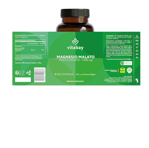 Vitabay Magnesio 180 compresse vegane Magnesio Malato da 1000mg - Integratore Magnesio compresse - 3 compresse al giorno per 3000 mg di magnésio malato (magnesio elementare 450mg) - Malato di magnesio - 8