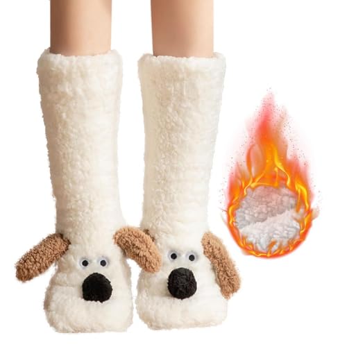 Bonitos calcetines esponjosos para mujeres, adolescentes, con forro de sherpa, calcetines para mujer, talla 4-7, talla única, Perro blanco, Talla única