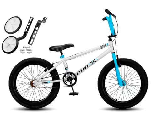 Bicicleta Aço Carbono Aro 20 BMX Infantil PRO X S1 V-Brake Com Rodinhas Traseira,Branco Azul