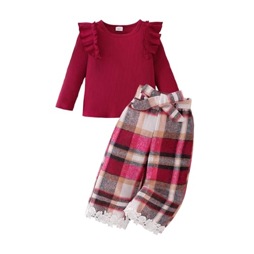 FOCUTEBB 4 Years Old Girls Clothes Toddler Girl Sweatshirts Fall Outfits Kids Clothing Cute Ruffles Long Sleeve Shirt Lace Trimmed Plaid Sweatpants with Belt Girls Fashion Suit 3 Pcs Set Red 4-5Y