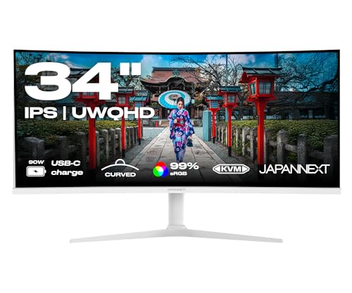 JapanNext Gebogener Monitor Weiß 34 IPS UWQHD (3440x1440) | HDR & KVM | USB-C-Laden (65W) Höhenverstellbar Integrierte Lautsprecher | G-Sync/FreeSync | JN-IPS34Q-HC6-W