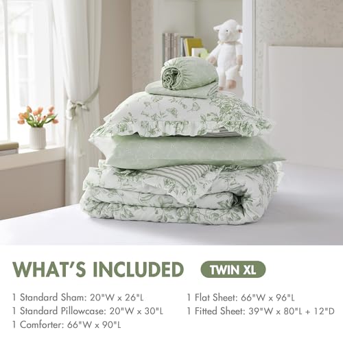 Image of Madison Park Essentials Adele Green Floral Twin XL Size Comforter Set - Vintage Bed in a Bag with Sheets, Reversible Ruffle Bedding, Elegant Gift for Her