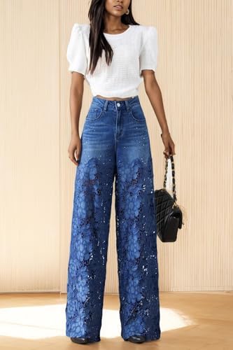 Women's Lace Patchwork Hollow Jeans Floral High Waist Wide Leg Denim Pants Lace Jeans2