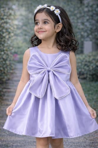 Image of Buy & Try Girls Frock Dress Crystal Moti Embellished Sleeveless Butterfly Design | Knee Length Birthday Dress for Kids with Zipper Closure