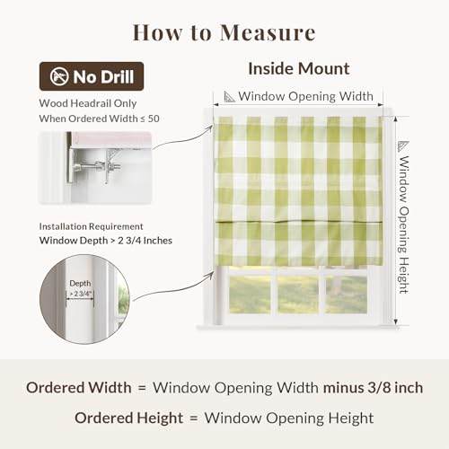 Image of TWOPAGES No Drill Cordless Buffalo Olivine Plaid Roman Shades Gingham Checkered Roman Blinds for Windows, Customized Room Darkening Blackout Blinds Farmhouse Shades, 1 Piece