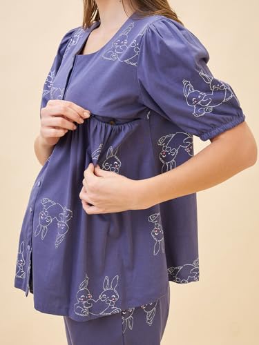 Image of AV2 Women's Cotton Printed Maternity & Feeding Night Suit Set of Top & Relaxed Capri Nursing Night Dress -2123