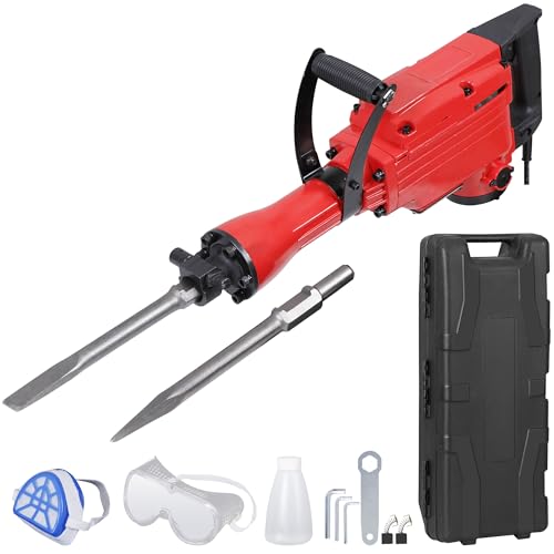 ZENSTYLE Heavy Duty Electric Demolition Jack Hammer 2200W Concrete Breaker Power Tool with 2 Chisel, 2 Punch Bit Set, Gloves, Oil Feeder Wrench, Mask, Safety Goggle and Case