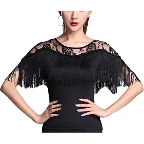 Whitewed Adult Short Sleeve Fringe Detail Lace Top Costumes for Women Adult Latin Ballroom Dance Black Cover