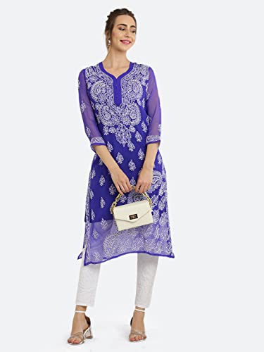 Image of FAWOMENT Women's Designer Straight Georgette Hand Embroidered Lucknowi Chikankari Kurta Designed in Side Jhaar Pattern Alongwith Slip