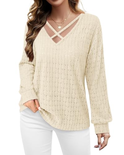 Image of Lotusmile Women's Soft Fuzzy Knit Hollow Out Lace Blouses Criss Cross V Neck Tops for Women Dressy Casual