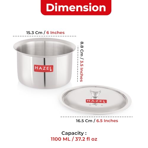 Image of HAZEL Stainless Steel Patila with Lid Cooking Vessel, 1100ml | Mirror Finish Cooking Pot | Durable Induction & Gas Compatible Bhagona /Tope for Boiling Milk, Tea, and Cooking | Silver