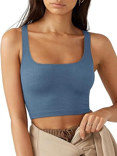 Rongseng Mujer Camiseta sin Mangas Sexy Crop Top Cuello Cuadrado Verano Deportivas Tank Tops Moda Casual Corto Chaleco Básicas Camistas para Gimnasio Entrenamiento