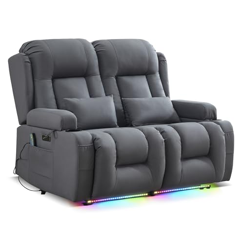 Image of URRED Loveseat Recliner Sofa with Massage and Heat, Power Reclining Loveseat Sofa RV Couch Home Theater Seating with LED Lights, Cup Holders, Side Pockets, USB, Pillows, Leathaire Blue
