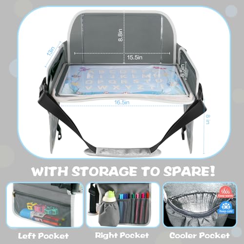 Image of MENZOKE Kids Travel Tray for Toddler Car Seat, Toddler Gift for Boy | Road Trip Essentials Accessories Lap Tray with Dry Erase Board, iPad Holder Stand & Cooler Cup Holder as Birthday Gift, Grey