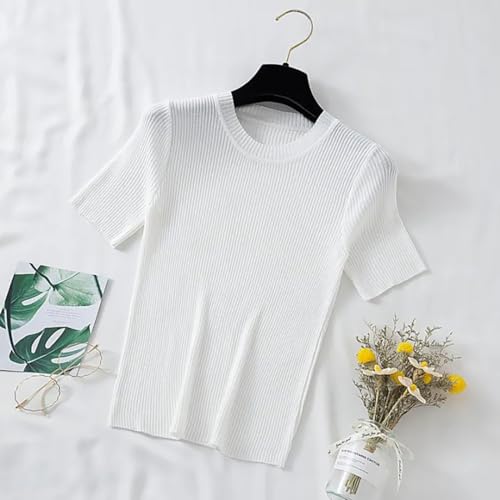 Image of Istyle Can Women Ribbed Slim Fit Top | Stretch Cotton Knit Crew Neck T-Shirt | Solid Casual Short Sleeve Tee for Office, Layering