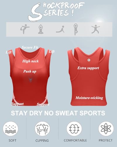 Image of RUNNING GIRL Sports Bras for Women High Impact Seamless Ribbed Longline High Neck Workout Crop Tank Tops Padded(BX3036Red,S)