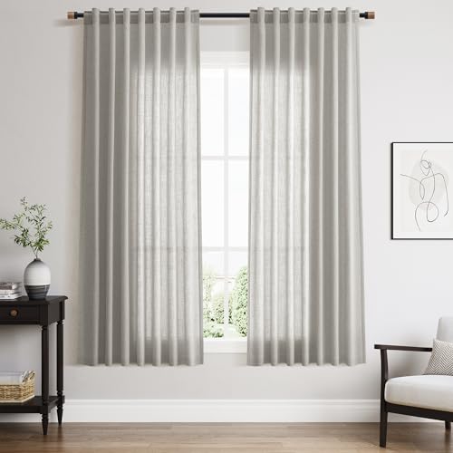 Image of Linen Curtains 63 Inch Long for Living Room Back Tab Light Grey