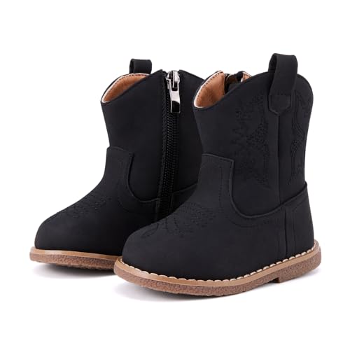 BMCiTYBM Baby Cowboy Cowgirl Boots Infant Western Boots Toddler Boys Girls Round Toe Riding Mid Calf Boots All Seasons for 6 9 12 18 24 Months Black Size 5 Toddler