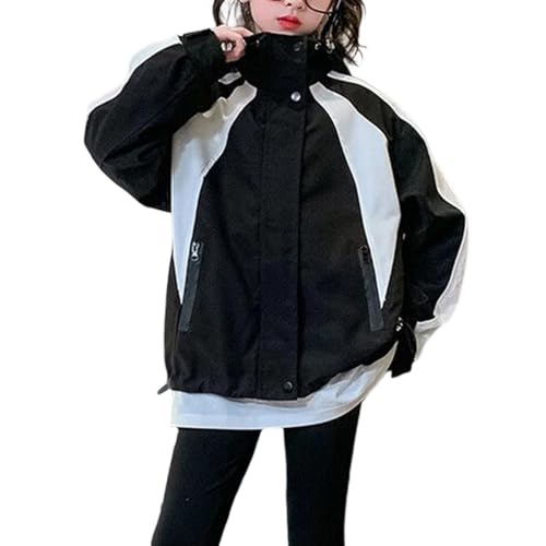 TYUSGH Chaqueta impermeable para niñas, con cremallera y bloques de color, cortavientos, ligera, resistente al viento, con capucha, para exteriores, senderismo, con bolsillos, Negro, 13-14 años