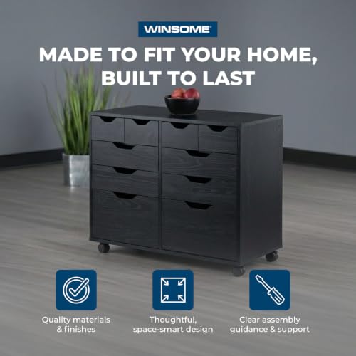 Image of Winsome Halifax Tall Mobile Storage Cabinet, Black, 2 Door 4 Drawer 4 Bins
