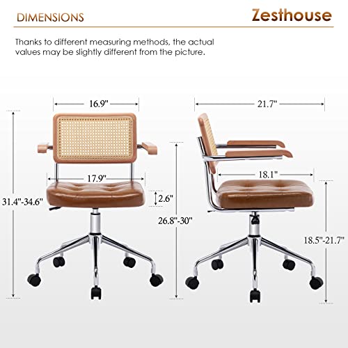 Zesthouse Leather Office Desk Chair with Wheels, Mid Century Rolling Desk Chair with Wood Arm & Natural Rattan Back, Modern Swivel Home Office Chair, Small Height Adjustable Computer Task Chair, Brown - Thumbnail 2