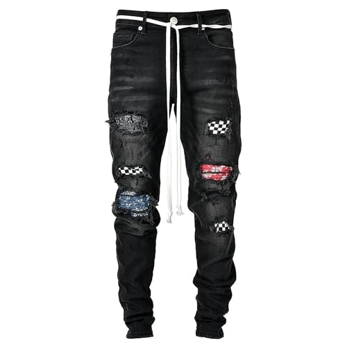 Jeans déchirés homme en denim usé premium avec patchwork robuste