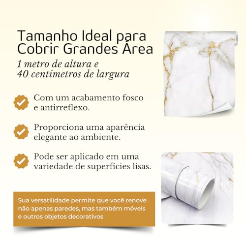 Papel de Parede Adesivo Lavável Autocolante - Mármore Branco com Dourado - 1m x 40cm - Decoração par