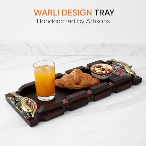 Image of AAKRITI ART CREATIONS Handcrafted Tray with Warli Design & Fish Handles | Madhubani Art | Brown Wooden Tray | Matte Finish Serving Tray | Tray for Dining Table & Kitchen