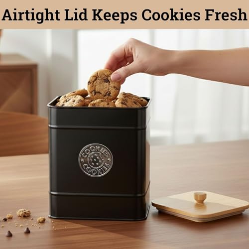 Cookie Jar with Airtight Lid - 1 Gallon - 6"D x 8"H Black Iron Cookie Tin with Bamboo Lid - Large Cookie Jars with Lids Airtight - Farmhouse Cookie Jars for Kitchen Counter Decorative - Cookies Jar by HB Design Co. - Image 4