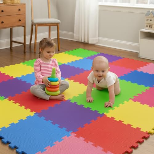 Soft Foam Exercise Floor Mats – Interlocking EVA Puzzle Tiles 30x30cm | Non-Slip Protective Gym Flooring for Home, Garage, Office, Kids Play, Yoga & Workout Studio (Multicolour, Pack of 18)