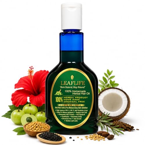 Image of Leaflife 100% Herbal Hair Oil | Homemade Natural Hair Oil for Hair Fall Control, Hair Growth & Premature Grey Hair Care | Non-Sticky, Chemical-Free | 125Mlleaflife 100% Herbal Homemade Hair Oil, Natural Anti Hair Fall and Pre-Mature Grey Hair Solution, Chemical Free | Pack of 1