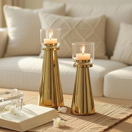 Image of Behoma Handcrafted Gold Tea Light Candle Holders Pack of 5 Sets | Premium Metal & Glass Candle Stand Set | Decorative Table Centerpiece for Home Decor, Diwali, Wedding & Housewarming